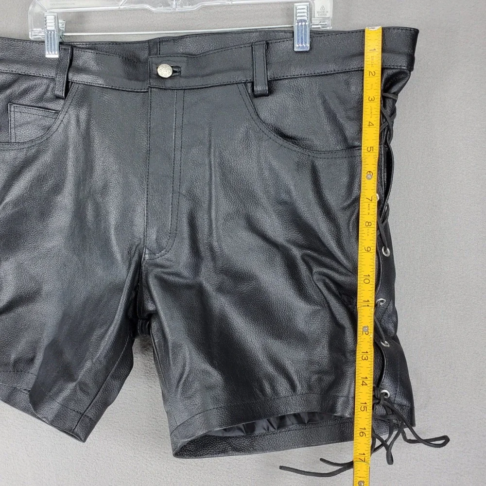 Genuine Leather Biker Shorts Men 42 Black Side Lace Up Moto Rocker Fetish BDSM